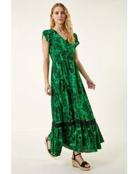 Roman - Tropical Leaf Print V-Neck Midi Dress - Lyst
