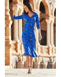 Sosandar - Cobalt Floral Print Ruffle Hem Midi Dress - Lyst