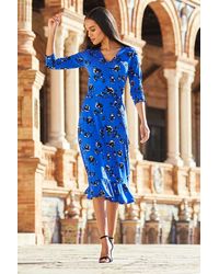 Sosandar - Cobalt Floral Print Ruffle Hem Midi Dress - Lyst