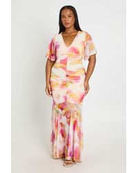 Boohoo - Plus Floral Mesh Ruched Angel Sleeve Maxi Dress - Lyst
