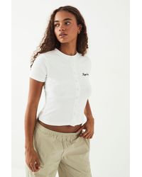 DSGN Studio - Script Embroidery Ribbed Button Through Short Sleeve Top - Lyst