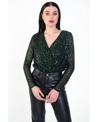 Gini London - Sequin Wrap Long Sleeves Bodysuit - Lyst