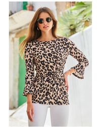 Sosandar - Leopard Print Twist Front Fluted Sleeve Jersey Top - Lyst