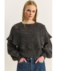 Bianco Lucci - Ribbed Boat Neck Thick Sweater With Frilly Detail - Lyst