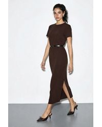Bianco Lucci - Belted Midi Dress With Crew Neck - Lyst