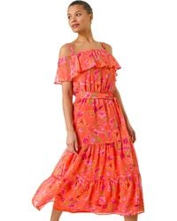 Roman - Floral Print Bardot Midi Dress - Lyst