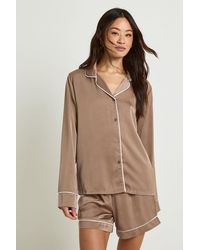 Boohoo - Tall Satin Piping Detail Long Sleeve Shirt & Shorts Pyjama Set - Lyst