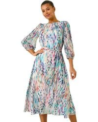 Roman - Blurred Print Pleat Neck Midi Dress - Lyst