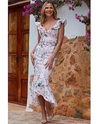 Sosandar - Floral Print Premium Peplum Hem Midi Dress - Lyst