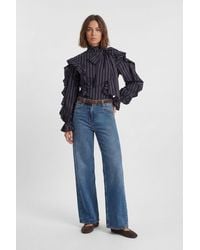 Karen Millen - Ruffle Front Cotton Stripe Pussy Bow Blouse - Lyst