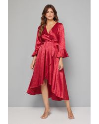 Wallis - Satin Jacquard Wrap Ruffle Dress - Lyst