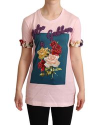 Dolce & Gabbana - Dames Roze Katoenen Bloemen Rozen Crewneck T-shirt - Lyst