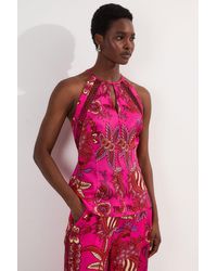 Karen Millen - Viscose Floral Print Linen Lace Trim Insert Woven Halter Neck Top - Lyst