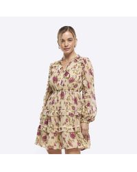 River Island - Swing Mini Dress Petite Cream Floral Frill Viscose - Lyst