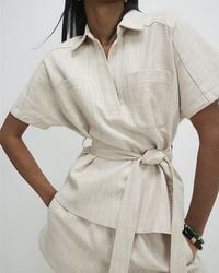 River Island - Top Cream Linen Look Belted Short Sleeve - Lyst