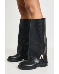 Boohoo - Chunky Hardware Detail Fold Over Knee High Boots - Lyst