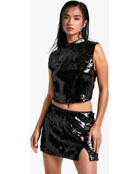 Boohoo - Petite Sequin High Neck Top - Lyst