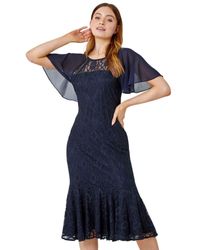 Roman - Angel Sleeve Stretch Lace Midi Dress - Lyst