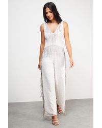 Warehouse - Hen Hand Embellished Plunge Neck Sequin Fringe Jumpsuit - Lyst