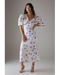 Warehouse - Petite Satin Pleat Volume Sleeve Plunge Bias Midi Dress - Lyst