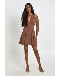 Boohoo - Linen Look Ruched Bust Halterneck Mini Dress - Lyst
