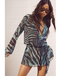 Boohoo - Blurred Animal Print Mesh Bell Sleeve Mini Dress - Lyst