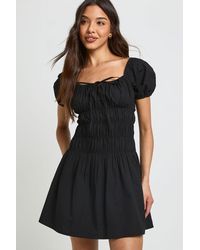 Boohoo - Cotton Poplin Shirred Bodice Puff Sleeve Mini Dress - Lyst