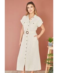 Yumi' - Stone Viscose Linen Look Midi Shirt Dress With Wooden Belt - Lyst