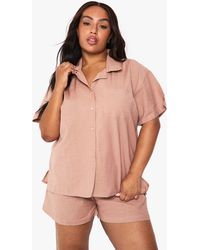 Boohoo - Plus Linen Look Short Sleeve Shirt And Elasticated Waist Short Co-Ord - Lyst