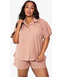 Boohoo - Plus Linen Look Short Sleeve Shirt And Elasticated Waist Short Co-Ord - Lyst