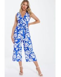 Quiz - Blue Floral Wrap Culotte Jumpsuit - Lyst