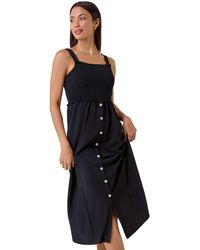 Roman - Plain Shirred Button Detail Midi Dress - Lyst