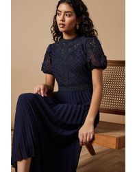 Oasis - Petite Lace Puff Sleeve Pleated Midi Dress - Lyst