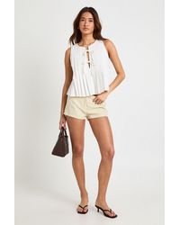 Boohoo - Linen Look Pleated Tie Front Smock Top - Lyst