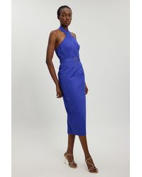 Karen Millen - Tailored Cotton Sateen Pencil Belted Midi Dress - Lyst