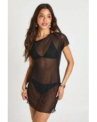Boohoo - Sheer Mesh Asym Cowl Back Mini Beach Dress - Lyst