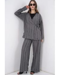 Bigdart - Textured V-Neck Tie Detail Kimono & Wide Leg Pants Set - Lyst