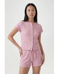 Boohoo - Crinkle Rib Button Through Cap Sleeve Top And Shorts Set - Lyst
