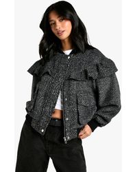 Boohoo - Petite Frill Detail Wool Look Bomber Jacket - Lyst