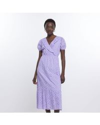 River Island - Wrap Midi Dress Purple Brodeire Cotton - Lyst