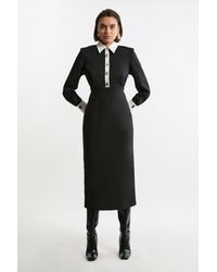 Karen Millen - Petite Techno Cotton Woven Maxi Shirt Dress With Clasps - Lyst
