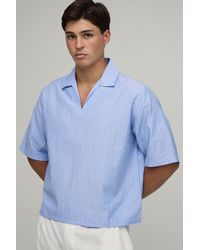 BoohooMAN - Oversized Boxy Poplin Stripe V-Neck Polo - Lyst