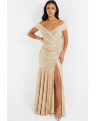 Quiz - Petite Gold Sequin Ruched Maxi Dress - Lyst