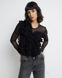 River Island - Bodysuit Mesh Frill Long Sleeve - Lyst