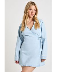 Boohoo - Petite Wrap Front Denim Dress - Lyst