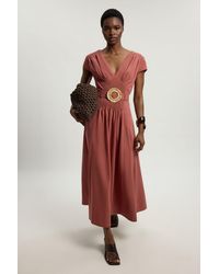 Karen Millen - Shirred V Neck Belt Detail Woven Maxi Dress - Lyst