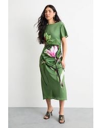 Warehouse - Floral Printed Drawstring Waist Short Sleeve Midi Dress - Lyst