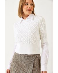 Bianco Lucci - Textured Knitwear Crop Sweater With Shirt Collar - Lyst