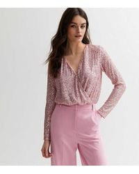 Gini London - Sequin Wrap Long Sleeves Bodysuit - Lyst