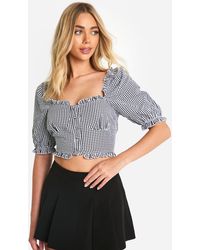 Boohoo - Gingham Frill Hem Puff Sleeve Crop Top - Lyst